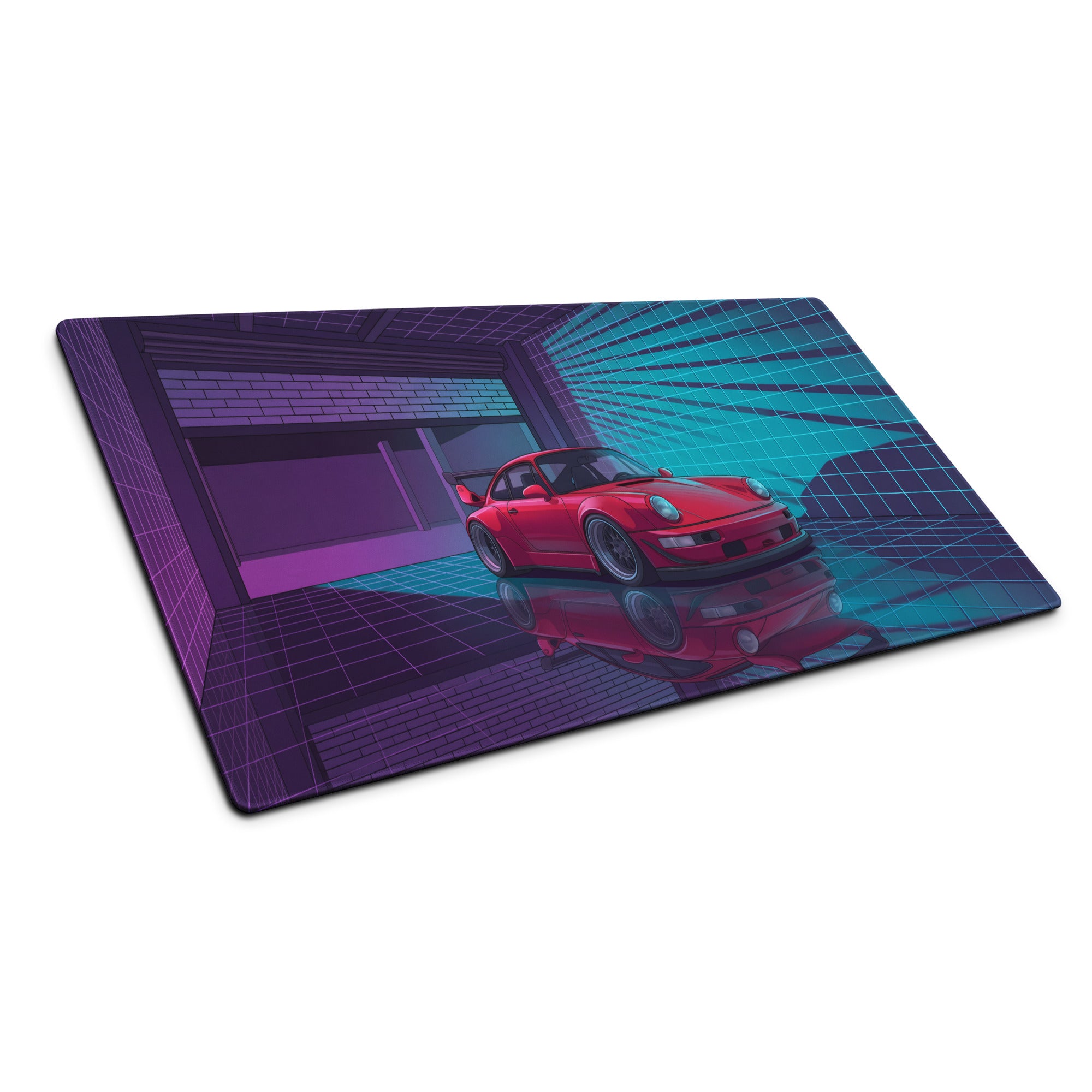 Porsche 911 Turbo 964 Inspired Red Blue Vaporwave Gaming Mouse Pad, Neon Classic Supercar Desk Mat with Retro Futuristic Grid Garage Artwork