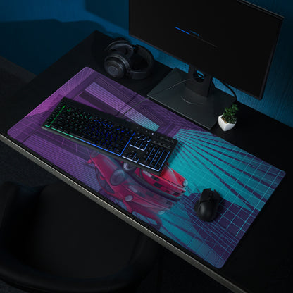 Porsche 911 Turbo 964 Inspired Red Blue Vaporwave Gaming Mouse Pad, Neon Classic Supercar Desk Mat with Retro Futuristic Grid Garage Artwork