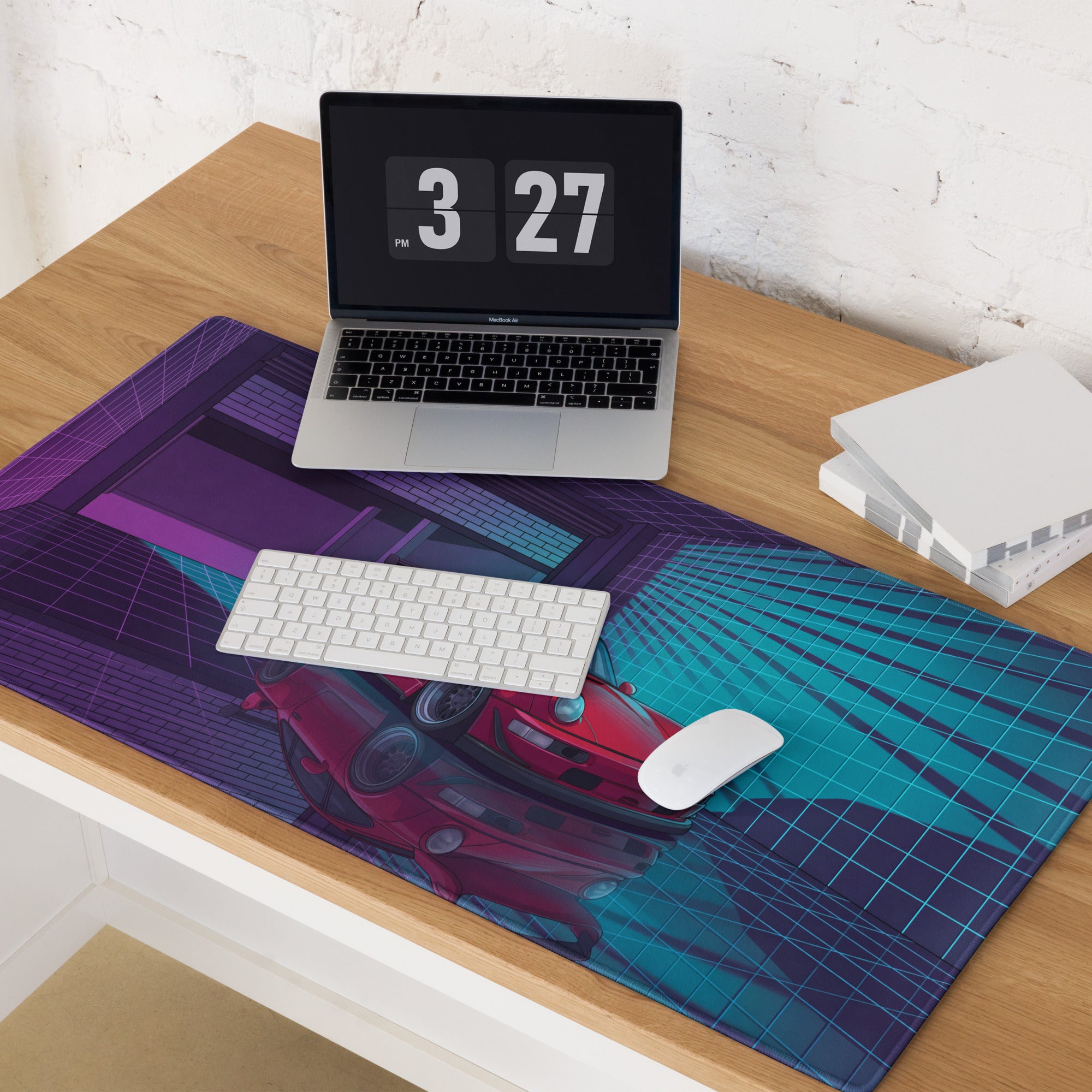 Porsche 911 Turbo 964 Inspired Red Blue Vaporwave Gaming Mouse Pad, Neon Classic Supercar Desk Mat with Retro Futuristic Grid Garage Artwork