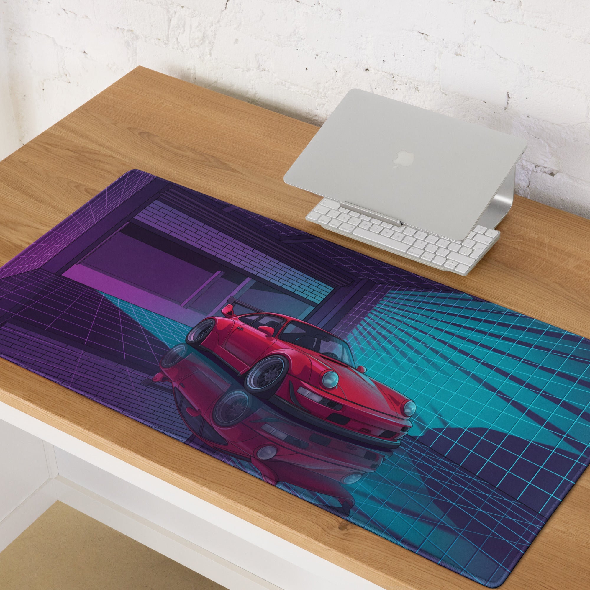 Porsche 911 Turbo 964 Inspired Red Blue Vaporwave Gaming Mouse Pad, Neon Classic Supercar Desk Mat with Retro Futuristic Grid Garage Artwork
