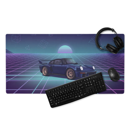 Porsche 911 GT2 993 Inspired Blue Purple Vaporwave Gaming Mouse Pad, Widebody Supercar Desk Mat with Neon Retro Futuristic Grid Artwork