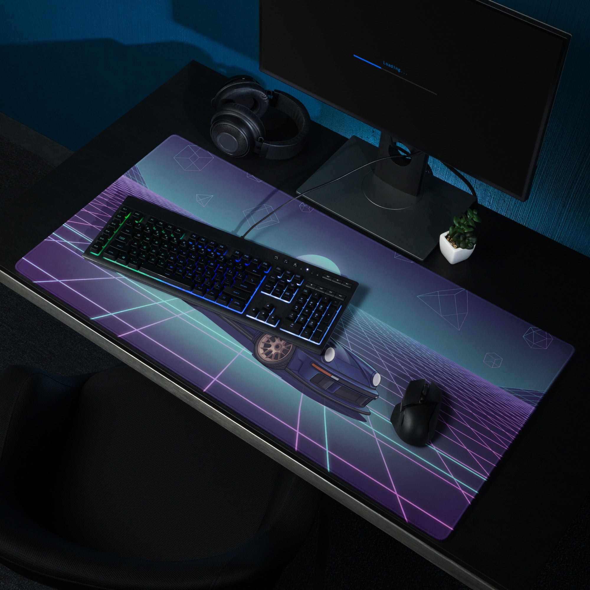 Porsche 911 GT2 993 Inspired Blue Purple Vaporwave Gaming Mouse Pad, Widebody Supercar Desk Mat with Neon Retro Futuristic Grid Artwork
