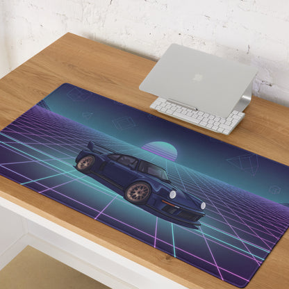 Porsche 911 GT2 993 Inspired Blue Purple Vaporwave Gaming Mouse Pad, Widebody Supercar Desk Mat with Neon Retro Futuristic Grid Artwork
