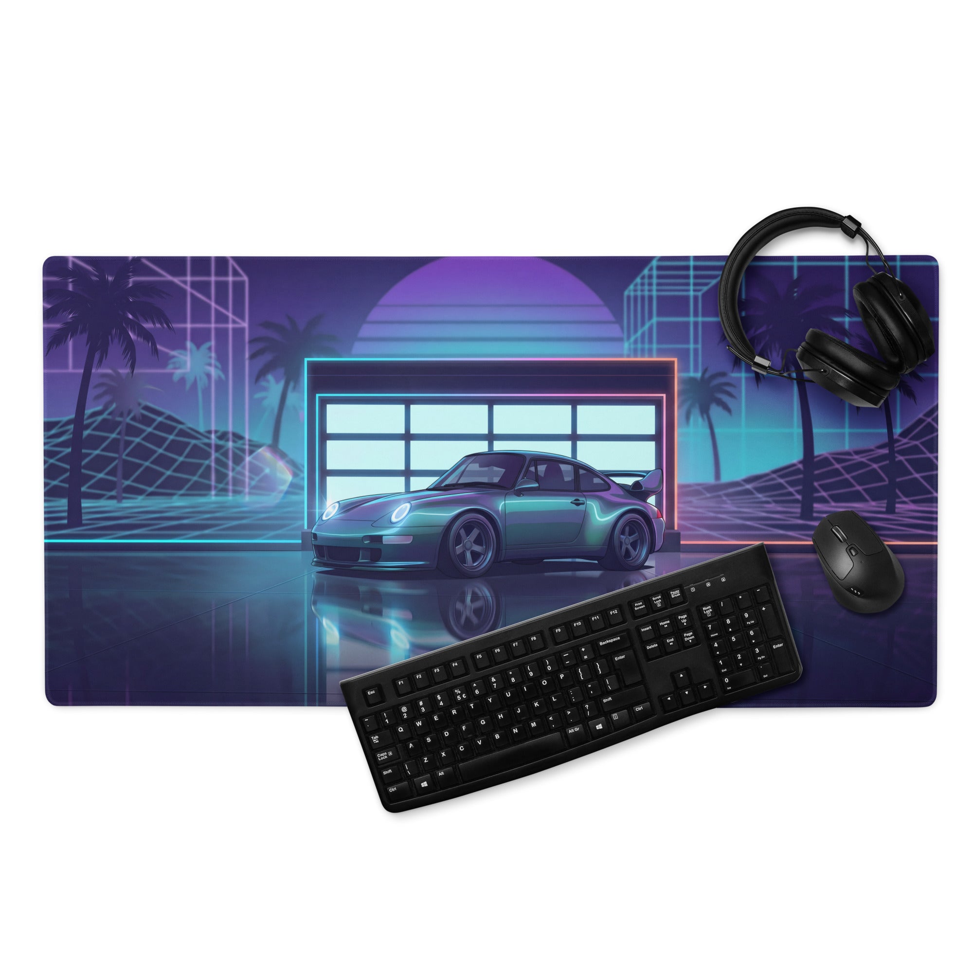 Porsche 911 GT2 993 Inspired Teal Purple Vaporwave Gaming Mouse Pad, Neon Widebody Supercar Desk Mat with Retro Futuristic Garage Artwork