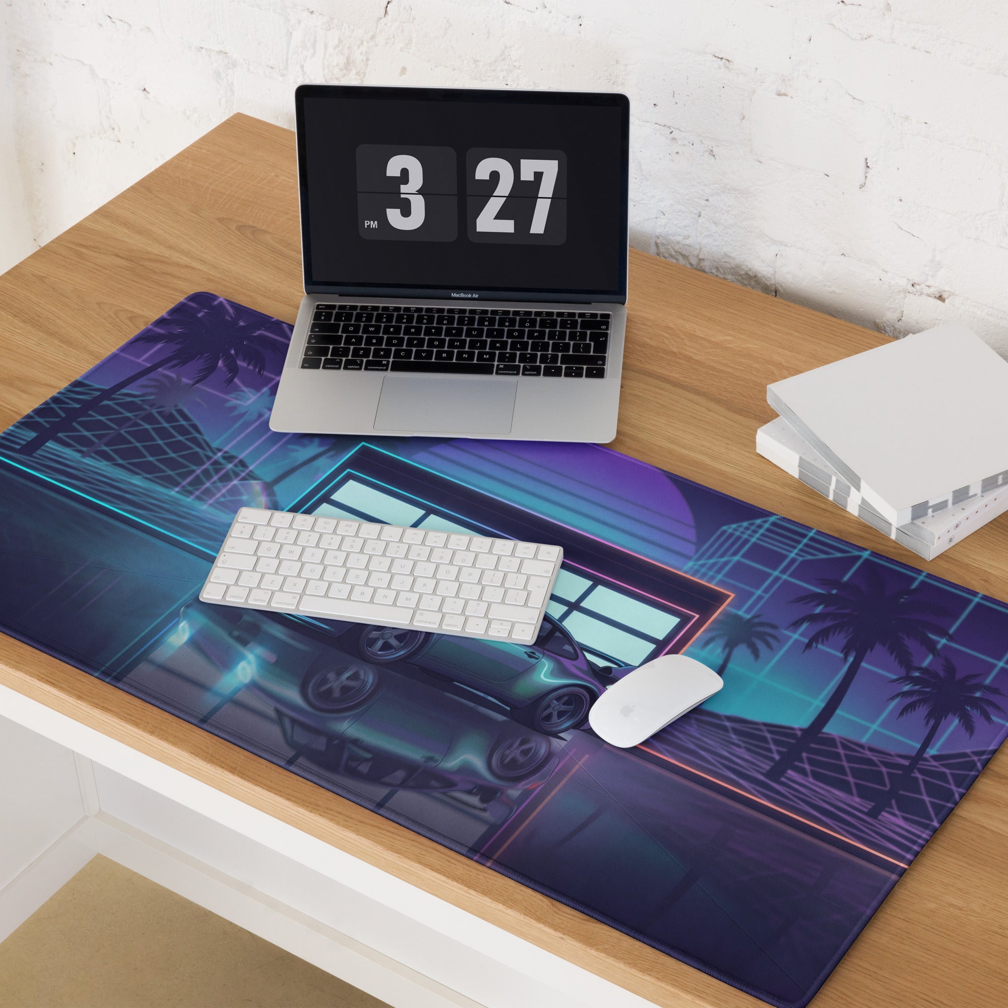 Porsche 911 GT2 993 Inspired Teal Purple Vaporwave Gaming Mouse Pad, Neon Widebody Supercar Desk Mat with Retro Futuristic Garage Artwork