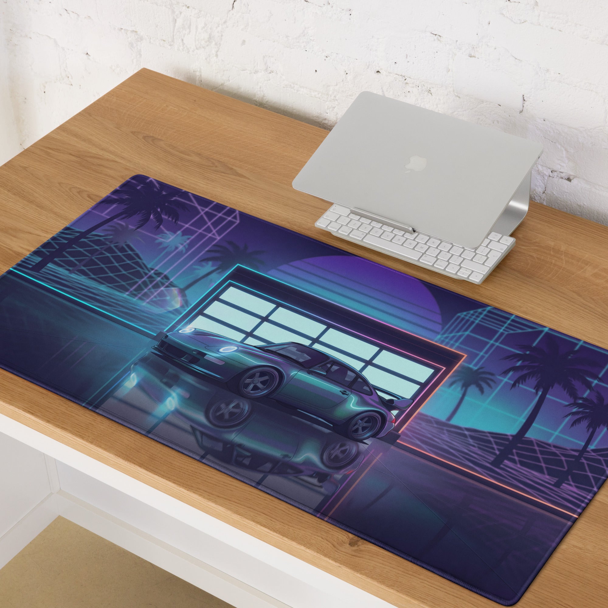 Porsche 911 GT2 993 Inspired Teal Purple Vaporwave Gaming Mouse Pad, Neon Widebody Supercar Desk Mat with Retro Futuristic Garage Artwork