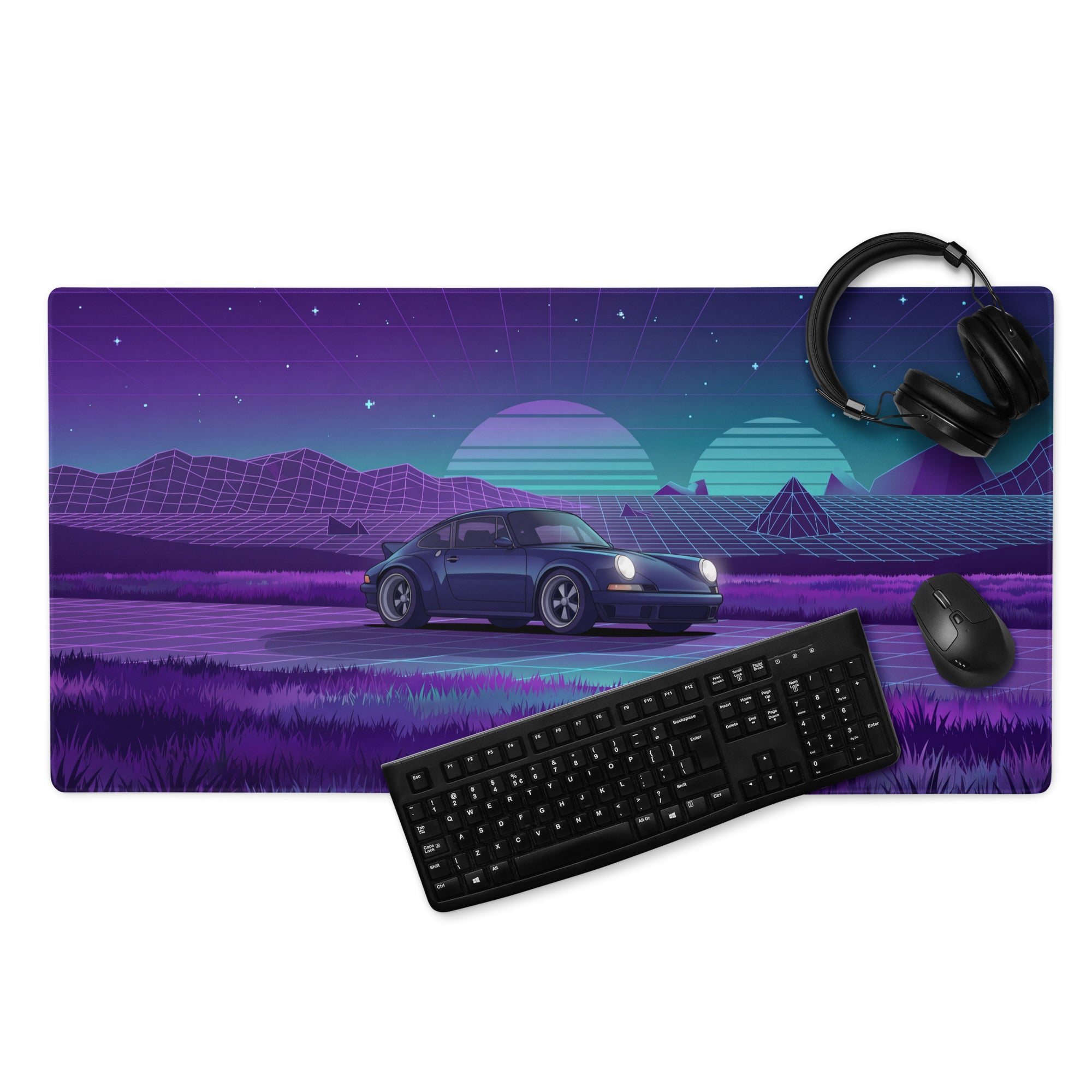 Porsche 911 Carrera 3.2 Inspired Blue Purple Vaporwave Gaming Mouse Pad, Retro Sports Car Desk Mat with Neon Grid Mountain Artwork
