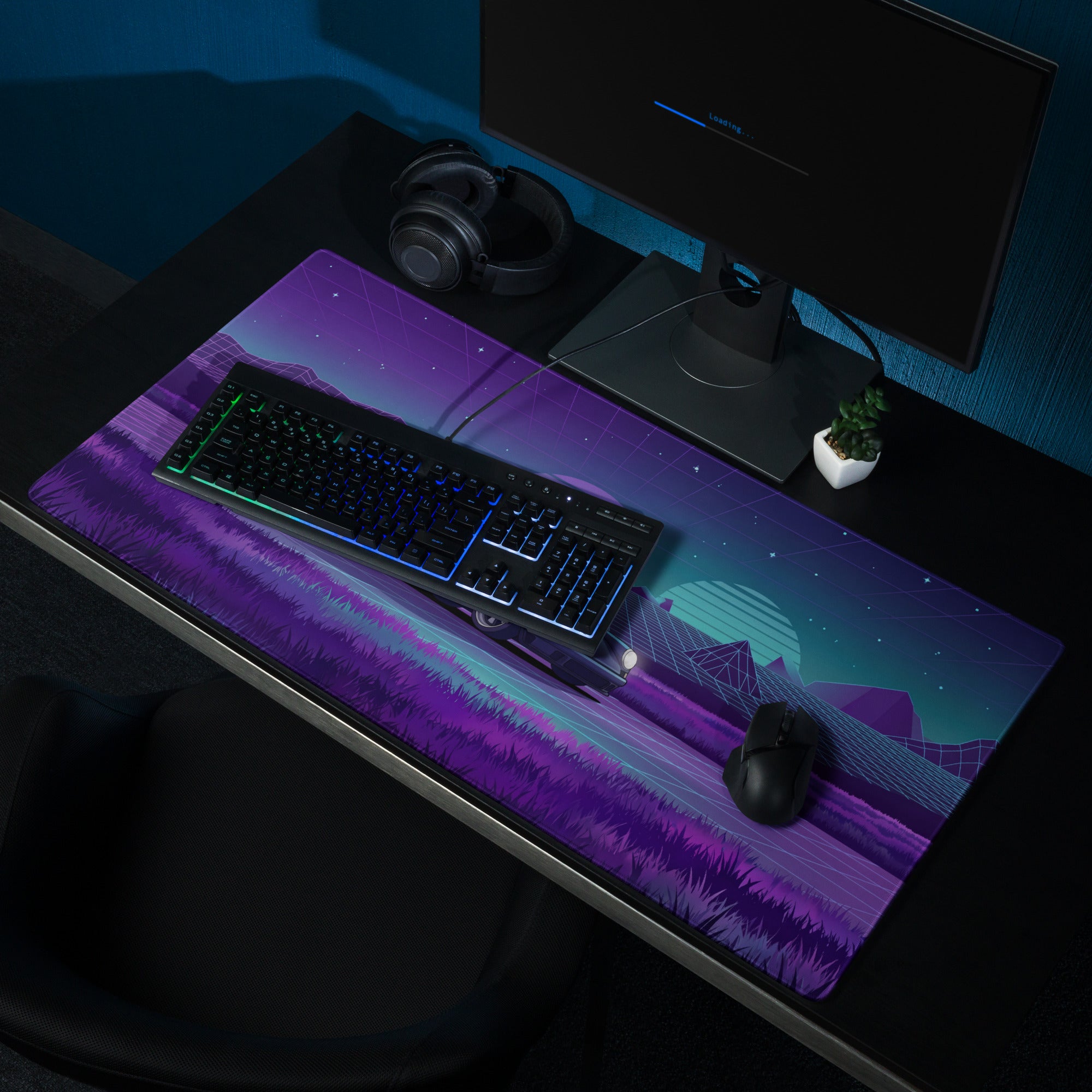 Porsche 911 Carrera 3.2 Inspired Blue Purple Vaporwave Gaming Mouse Pad, Retro Sports Car Desk Mat with Neon Grid Mountain Artwork