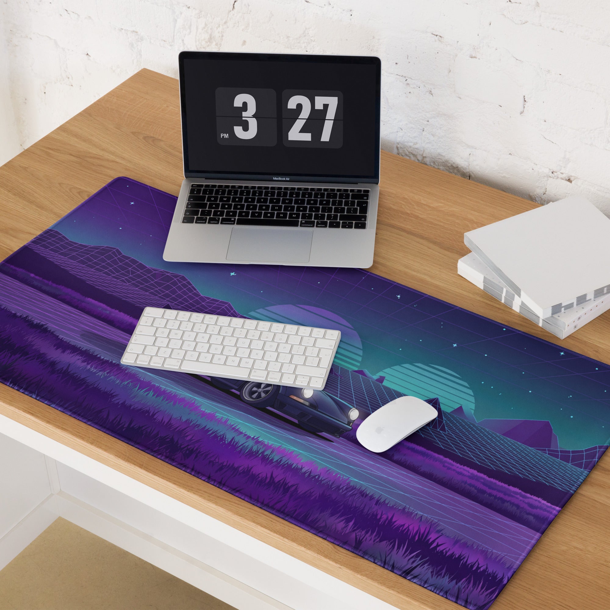 Porsche 911 Carrera 3.2 Inspired Blue Purple Vaporwave Gaming Mouse Pad, Retro Sports Car Desk Mat with Neon Grid Mountain Artwork