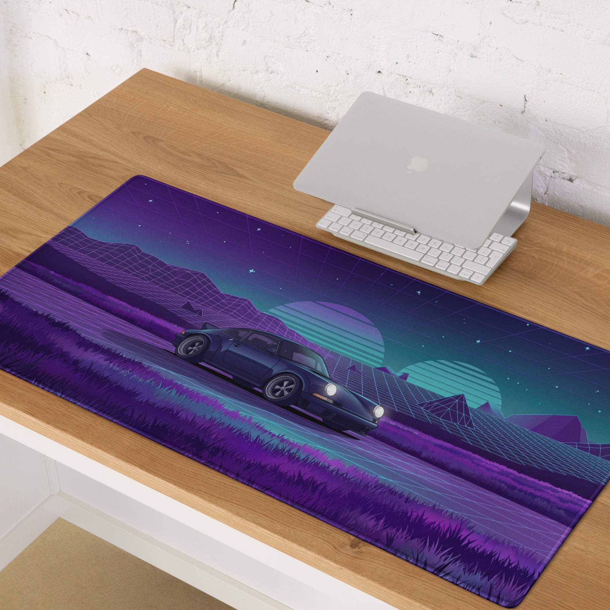 Porsche 911 Carrera 3.2 Inspired Blue Purple Vaporwave Gaming Mouse Pad, Retro Sports Car Desk Mat with Neon Grid Mountain Artwork