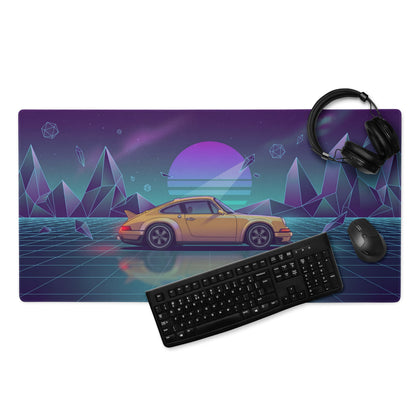 Porsche 911 Turbo Inspired Gold Purple Vaporwave Gaming Mouse Pad, Retro Sports Car Desk Mat with Neon Grid Mountain Artwork