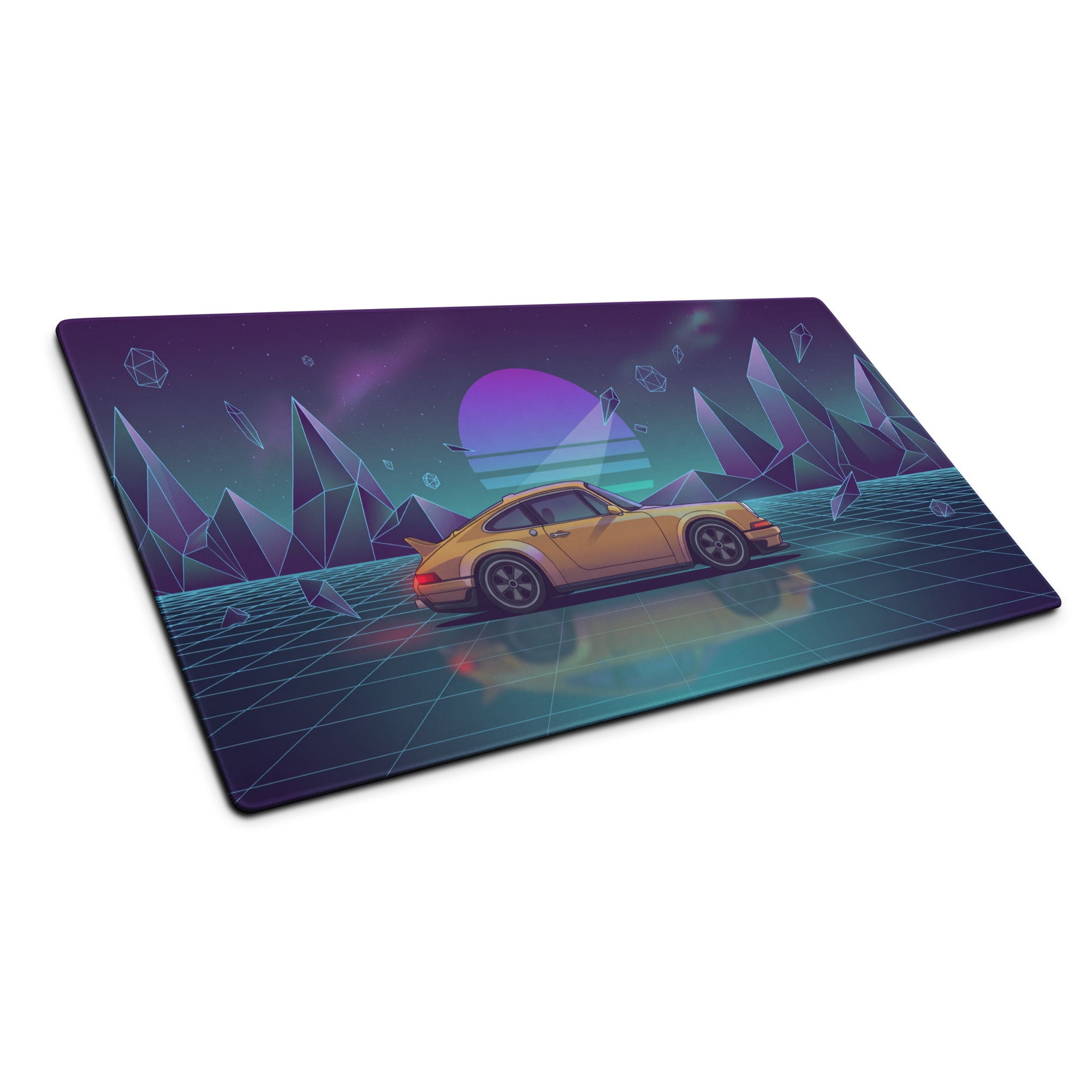 Porsche 911 Turbo Inspired Gold Purple Vaporwave Gaming Mouse Pad, Retro Sports Car Desk Mat with Neon Grid Mountain Artwork