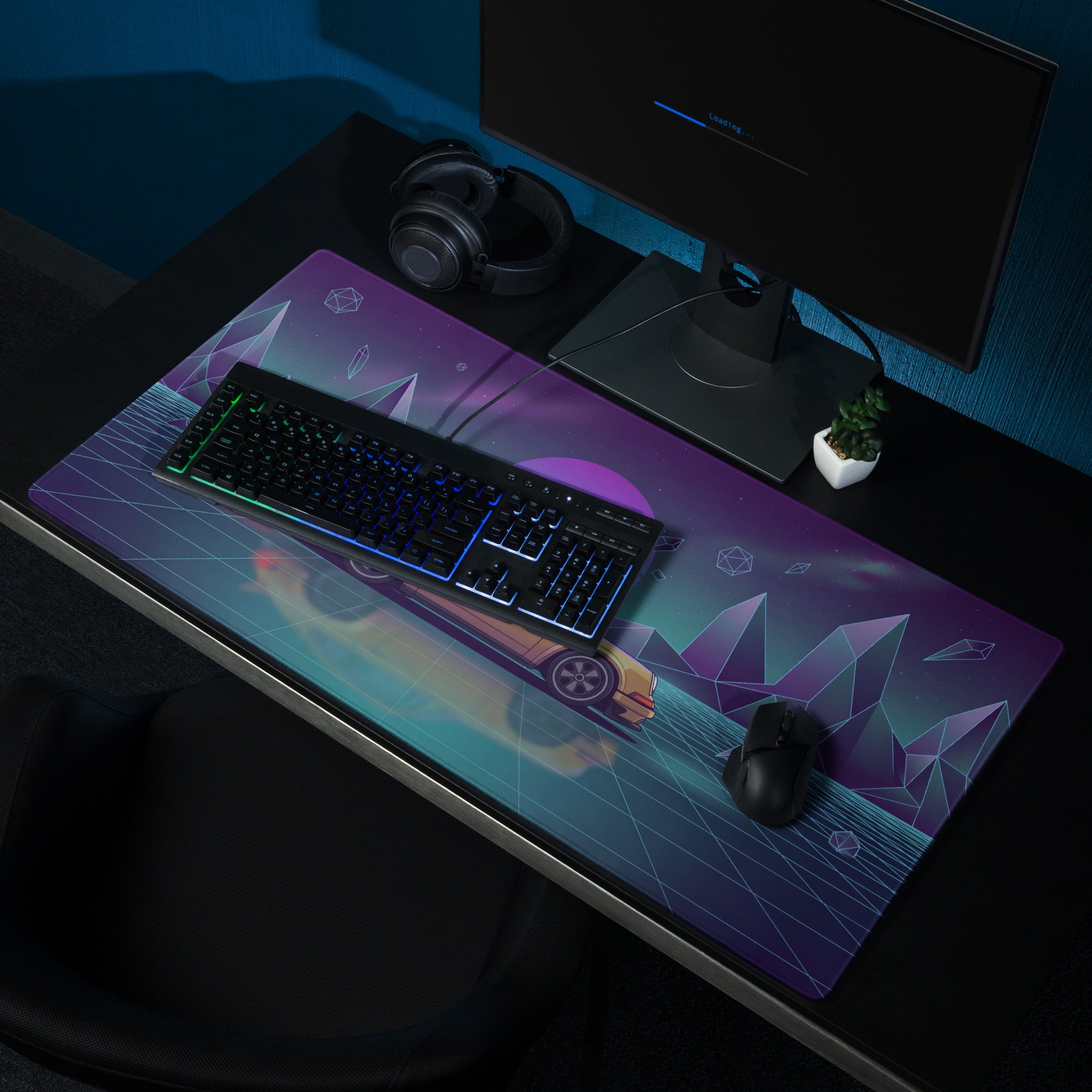Porsche 911 Turbo Inspired Gold Purple Vaporwave Gaming Mouse Pad, Retro Sports Car Desk Mat with Neon Grid Mountain Artwork