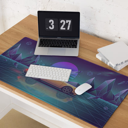 Porsche 911 Turbo Inspired Gold Purple Vaporwave Gaming Mouse Pad, Retro Sports Car Desk Mat with Neon Grid Mountain Artwork