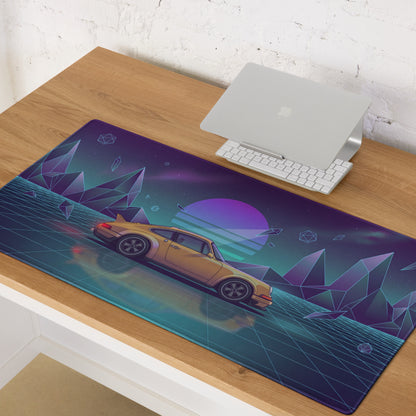 Porsche 911 Turbo Inspired Gold Purple Vaporwave Gaming Mouse Pad, Retro Sports Car Desk Mat with Neon Grid Mountain Artwork