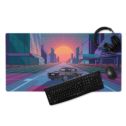 Dodge Charger R/T Inspired Black Orange Vaporwave Gaming Mouse Pad, Retro Muscle Car Desk Mat with Neon Futuristic City Sunset Artwork