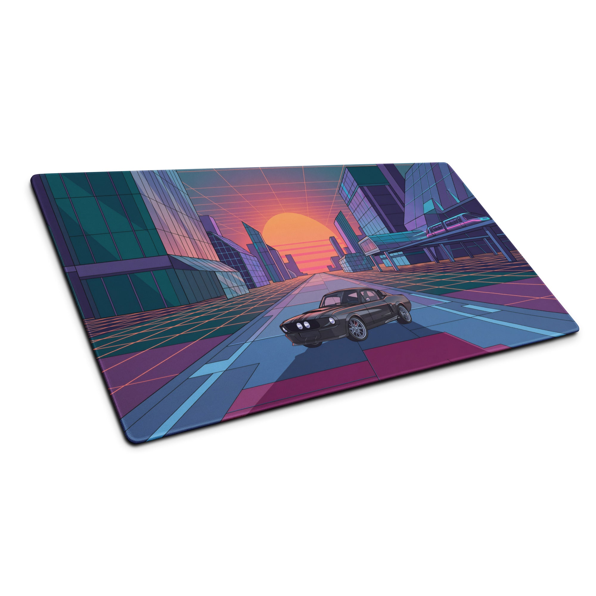 Dodge Charger R/T Inspired Black Orange Vaporwave Gaming Mouse Pad, Retro Muscle Car Desk Mat with Neon Futuristic City Sunset Artwork
