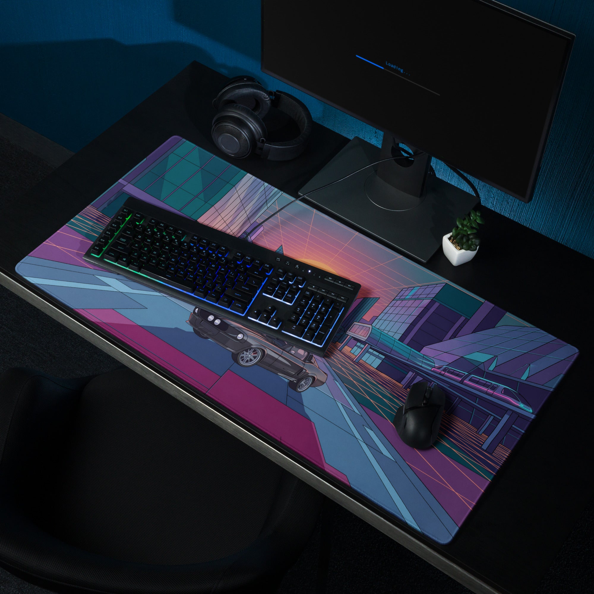 Dodge Charger R/T Inspired Black Orange Vaporwave Gaming Mouse Pad, Retro Muscle Car Desk Mat with Neon Futuristic City Sunset Artwork