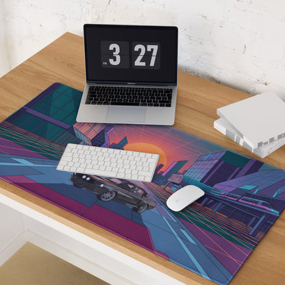 Dodge Charger R/T Inspired Black Orange Vaporwave Gaming Mouse Pad, Retro Muscle Car Desk Mat with Neon Futuristic City Sunset Artwork