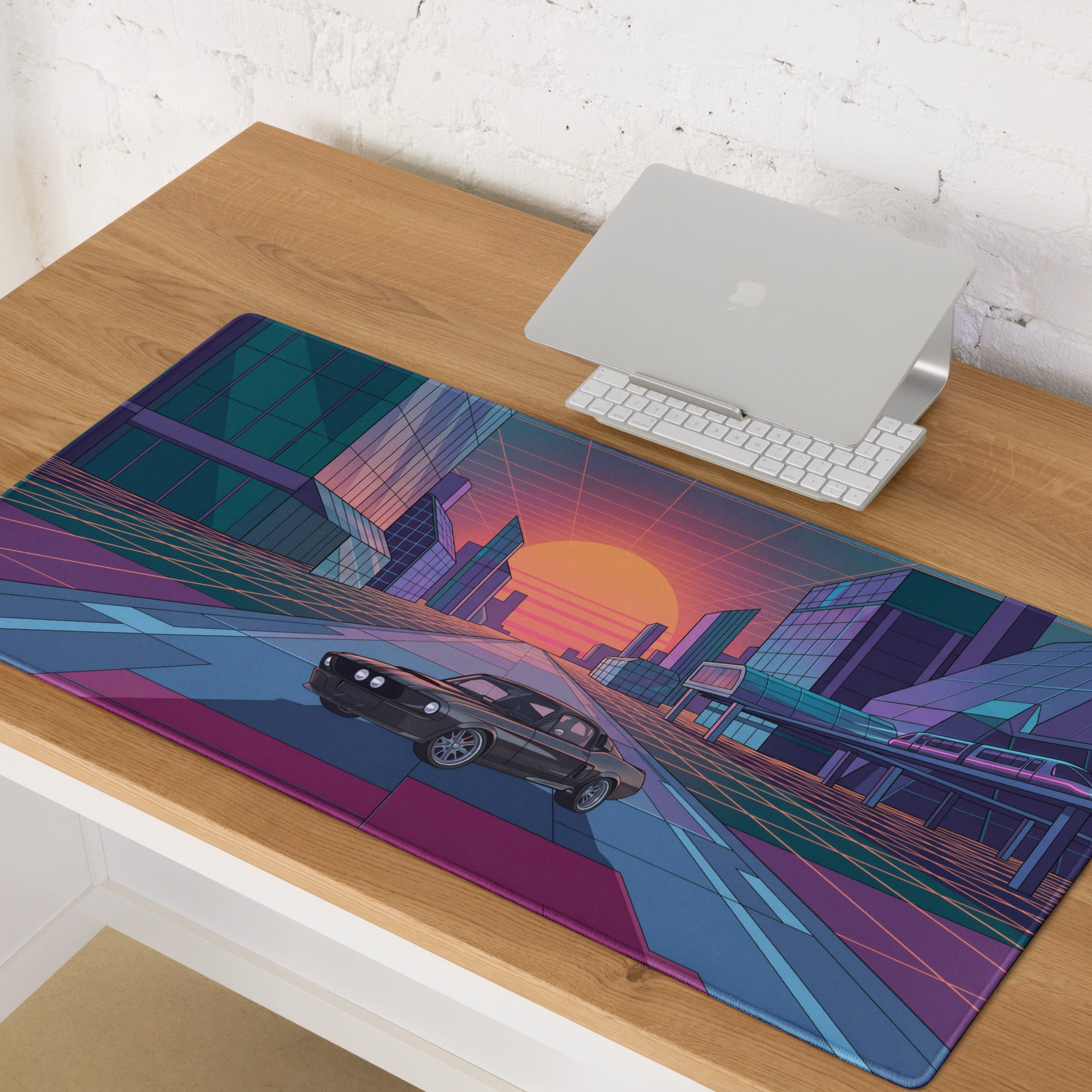Dodge Charger R/T Inspired Black Orange Vaporwave Gaming Mouse Pad, Retro Muscle Car Desk Mat with Neon Futuristic City Sunset Artwork