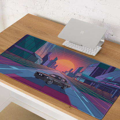Dodge Charger R/T Inspired Black Orange Vaporwave Gaming Mouse Pad, Retro Muscle Car Desk Mat with Neon Futuristic City Sunset Artwork