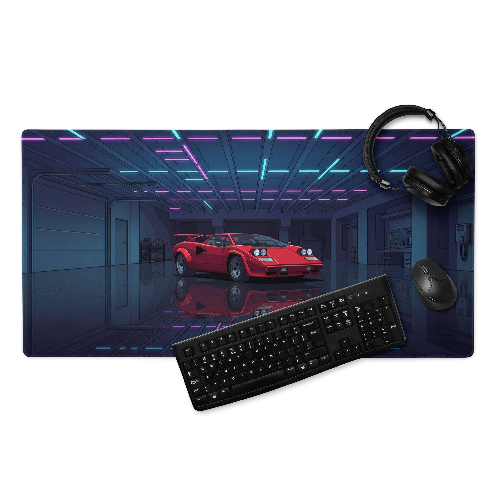 Lamborghini Countach Inspired Red Blue Vaporwave Gaming Mouse Pad, Retro Supercar Desk Mat with Neon Cyberpunk Garage Artwork