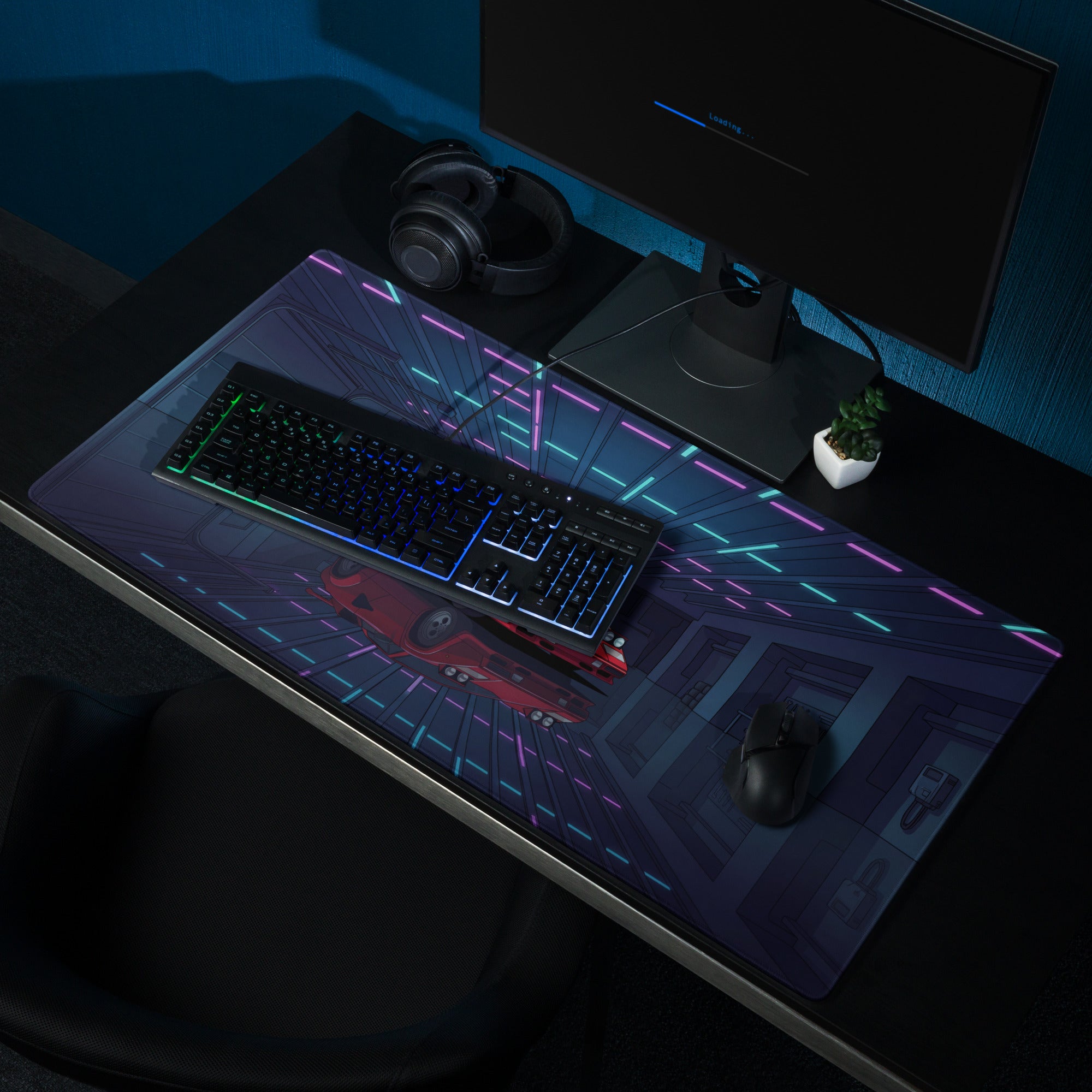 Lamborghini Countach Inspired Red Blue Vaporwave Gaming Mouse Pad, Retro Supercar Desk Mat with Neon Cyberpunk Garage Artwork
