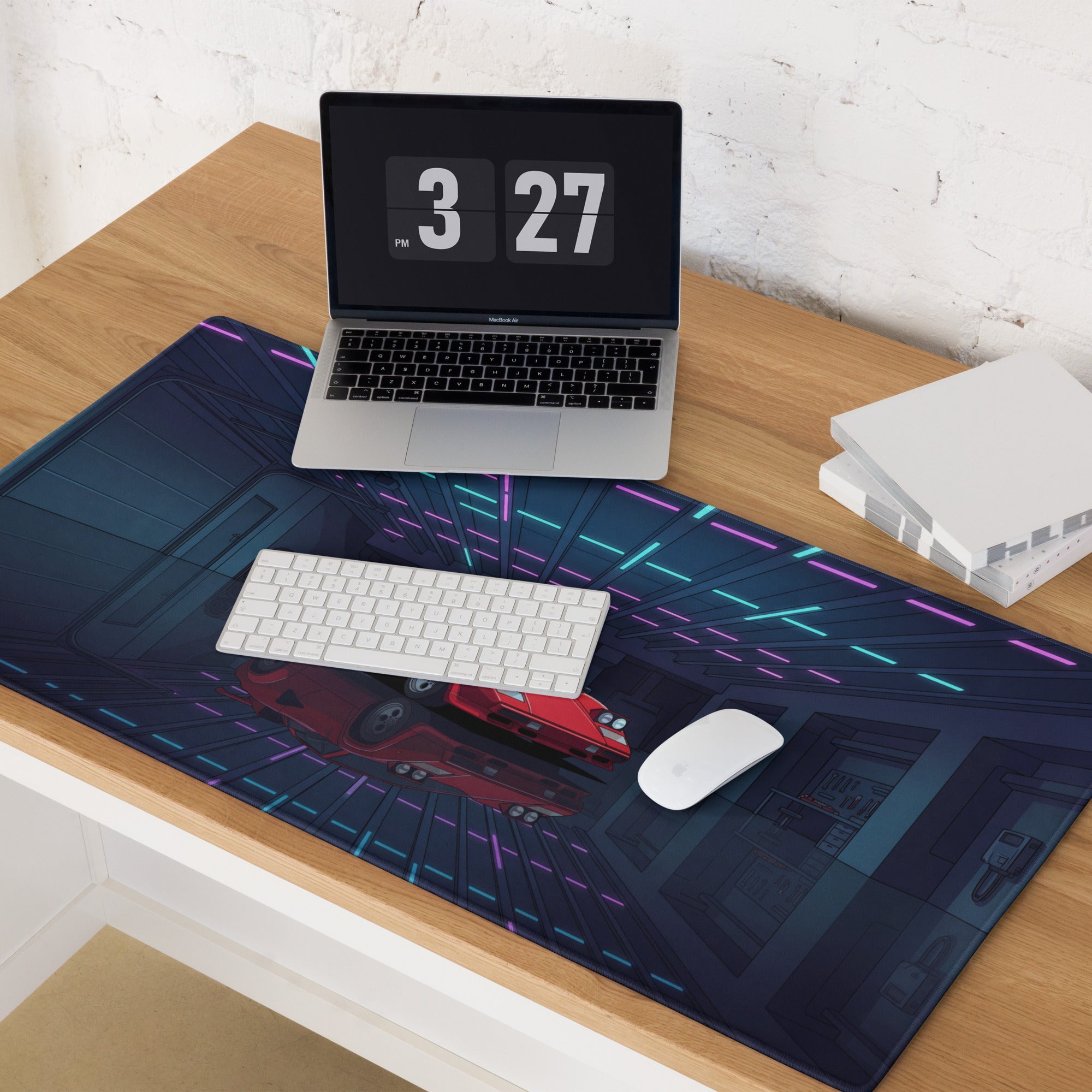Lamborghini Countach Inspired Red Blue Vaporwave Gaming Mouse Pad, Retro Supercar Desk Mat with Neon Cyberpunk Garage Artwork