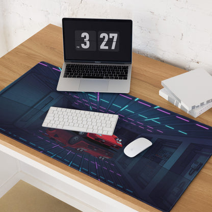 Lamborghini Countach Inspired Red Blue Vaporwave Gaming Mouse Pad, Retro Supercar Desk Mat with Neon Cyberpunk Garage Artwork