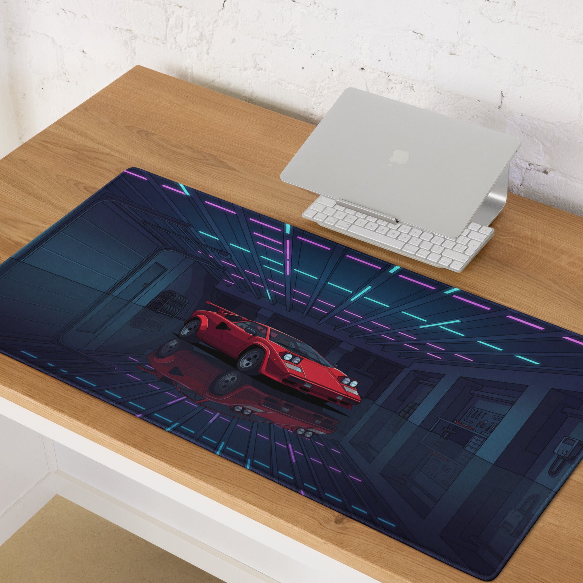 Lamborghini Countach Inspired Red Blue Vaporwave Gaming Mouse Pad, Retro Supercar Desk Mat with Neon Cyberpunk Garage Artwork