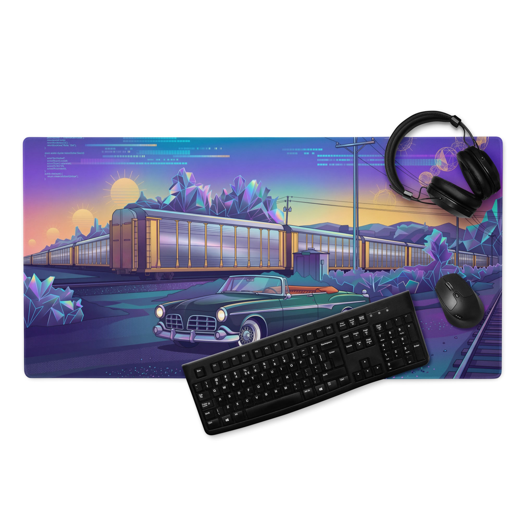 Facel Vega HK500 Inspired Green Blue Vaporwave Gaming Mouse Pad, Retro Luxury Coupe Desk Mat with Neon Mid-Century Roadside Artwork