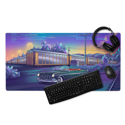 Facel Vega HK500 Inspired Green Blue Vaporwave Gaming Mouse Pad, Retro Luxury Coupe Desk Mat with Neon Mid-Century Roadside Artwork