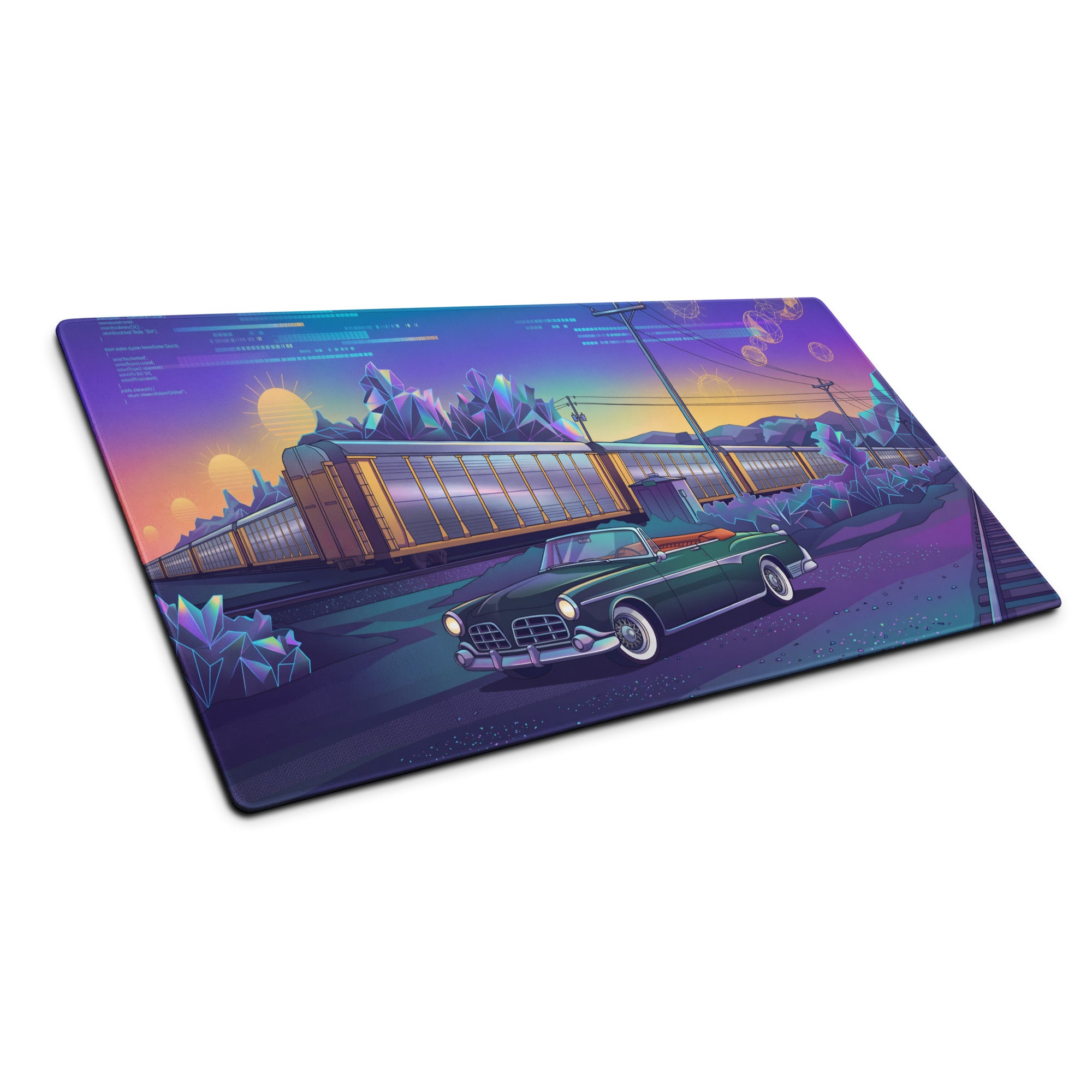 Facel Vega HK500 Inspired Green Blue Vaporwave Gaming Mouse Pad, Retro Luxury Coupe Desk Mat with Neon Mid-Century Roadside Artwork