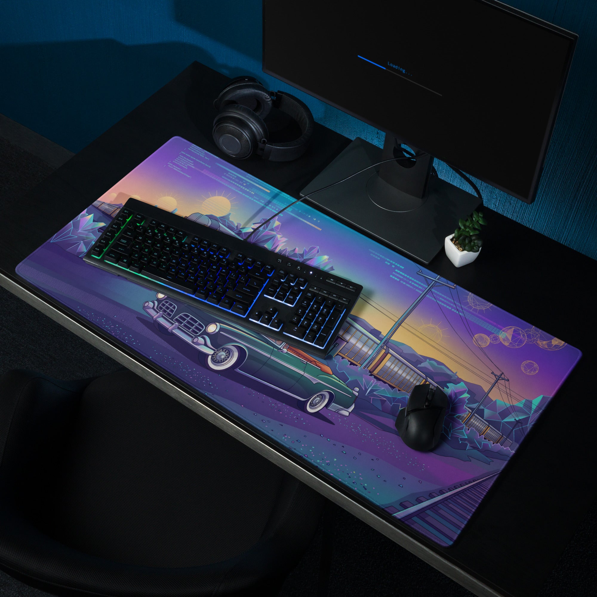 Facel Vega HK500 Inspired Green Blue Vaporwave Gaming Mouse Pad, Retro Luxury Coupe Desk Mat with Neon Mid-Century Roadside Artwork