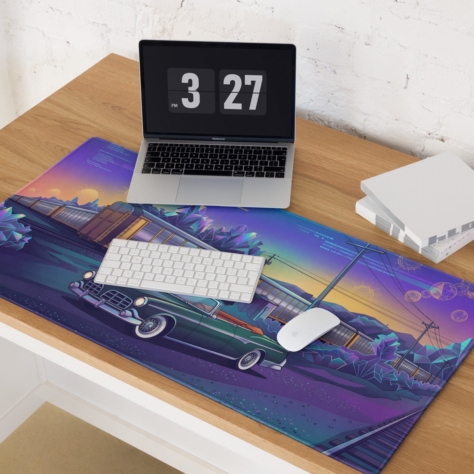 Facel Vega HK500 Inspired Green Blue Vaporwave Gaming Mouse Pad, Retro Luxury Coupe Desk Mat with Neon Mid-Century Roadside Artwork