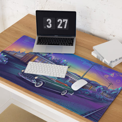 Facel Vega HK500 Inspired Green Blue Vaporwave Gaming Mouse Pad, Retro Luxury Coupe Desk Mat with Neon Mid-Century Roadside Artwork