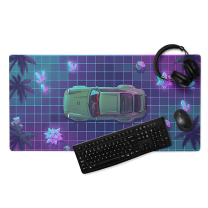 Porsche 911 Classic Inspired Green Purple Vaporwave Gaming Mouse Pad, Classic Roadster Desk Mat with Neon Grid and Crystal Artwork