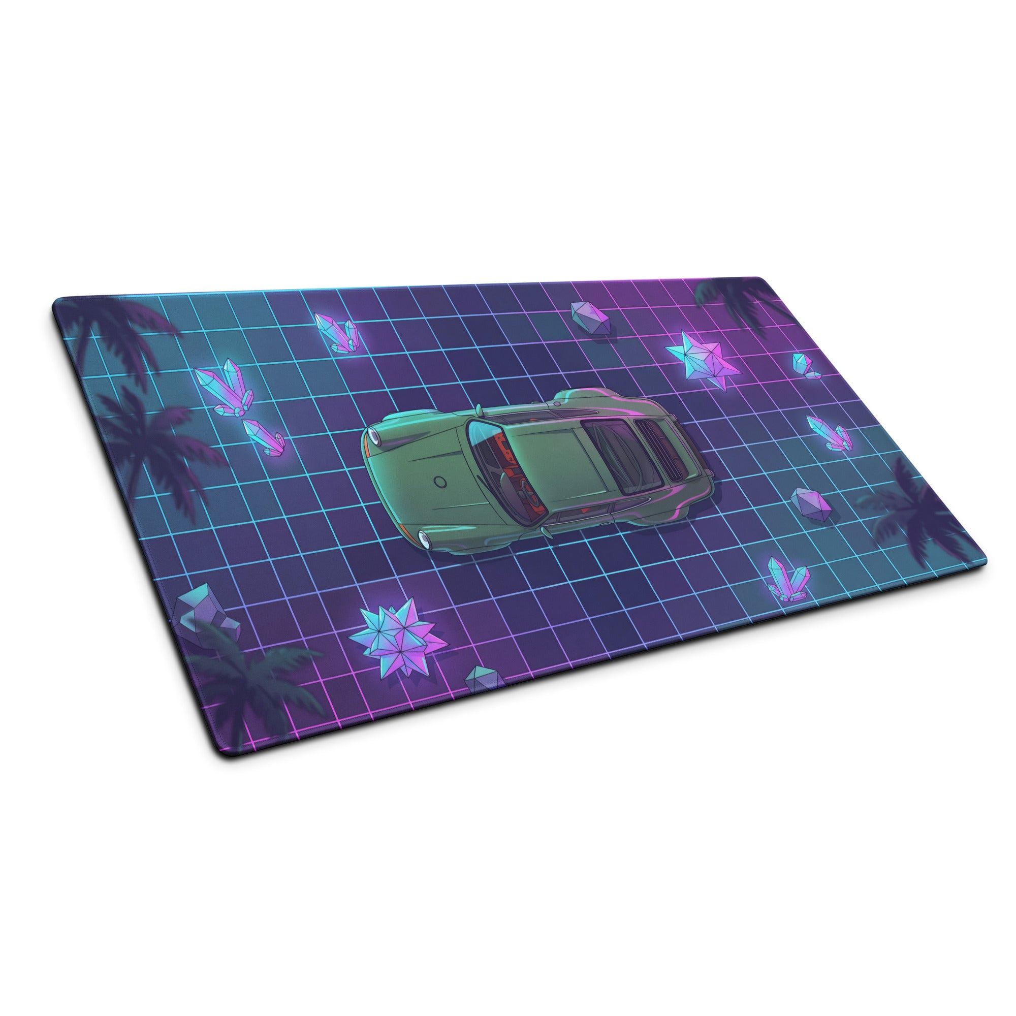 Porsche 911 Classic Inspired Green Purple Vaporwave Gaming Mouse Pad, Classic Roadster Desk Mat with Neon Grid and Crystal Artwork