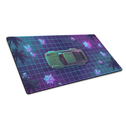 Porsche 911 Classic Inspired Green Purple Vaporwave Gaming Mouse Pad, Classic Roadster Desk Mat with Neon Grid and Crystal Artwork