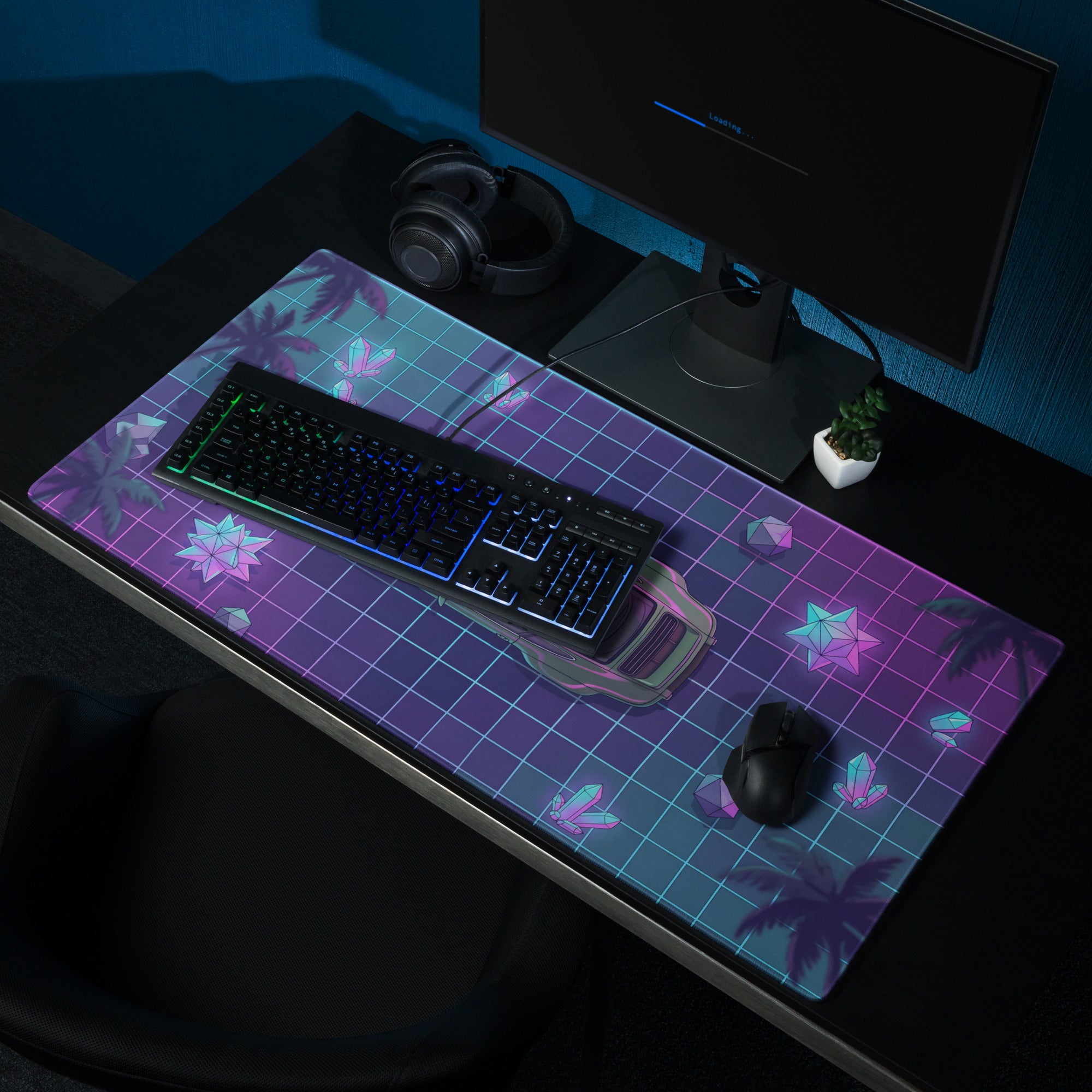 Porsche 911 Classic Inspired Green Purple Vaporwave Gaming Mouse Pad, Classic Roadster Desk Mat with Neon Grid and Crystal Artwork