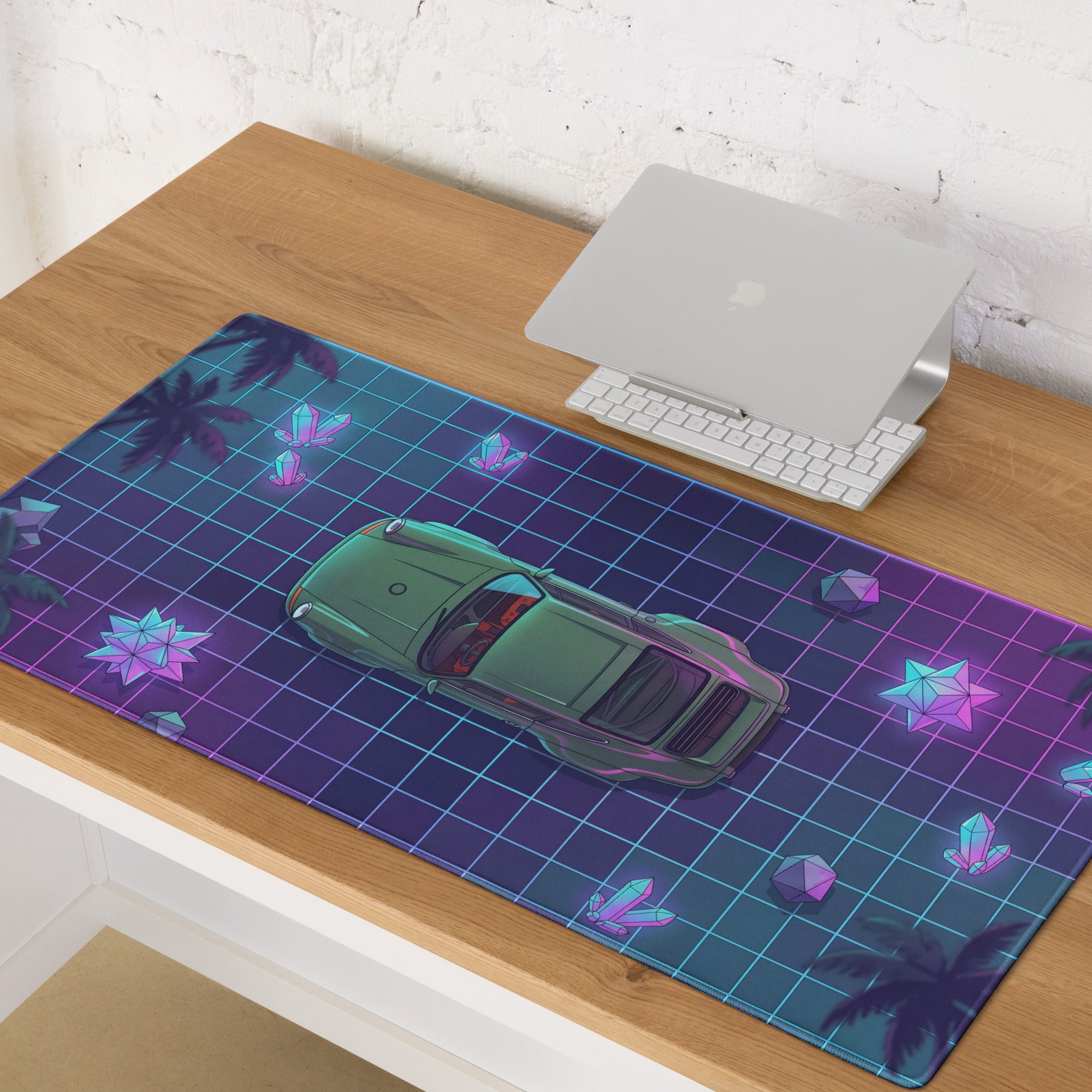 Porsche 911 Classic Inspired Green Purple Vaporwave Gaming Mouse Pad, Classic Roadster Desk Mat with Neon Grid and Crystal Artwork