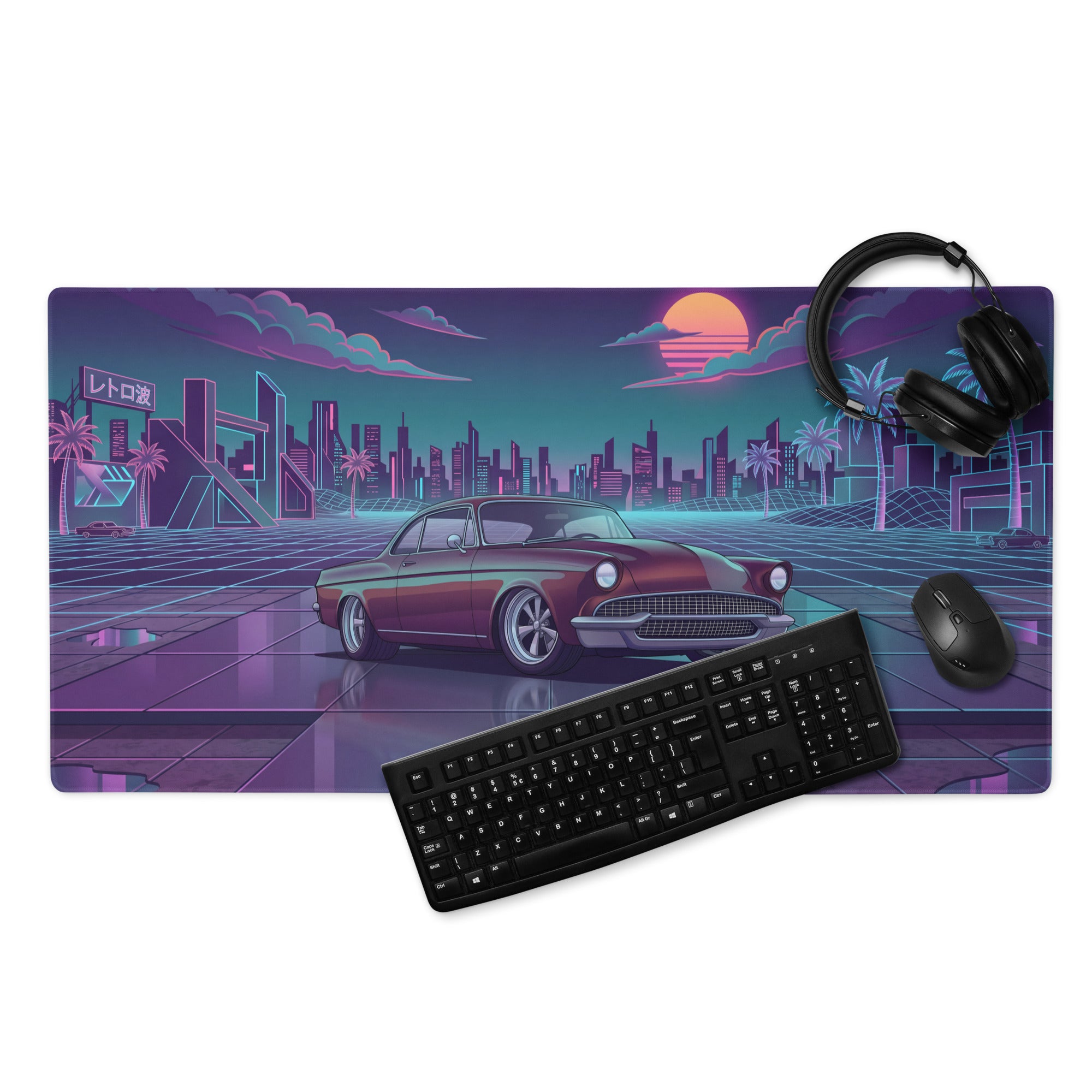 1955 Chevrolet Bel Air Inspired Burgundy Teal Vaporwave Gaming Mouse Pad, Classic American Car Desk Mat with Neon Retro Futuristic City Artwork