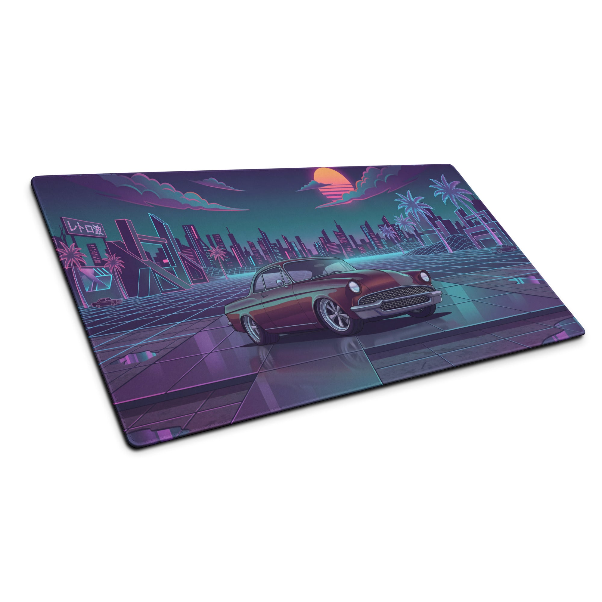 1955 Chevrolet Bel Air Inspired Burgundy Teal Vaporwave Gaming Mouse Pad, Classic American Car Desk Mat with Neon Retro Futuristic City Artwork
