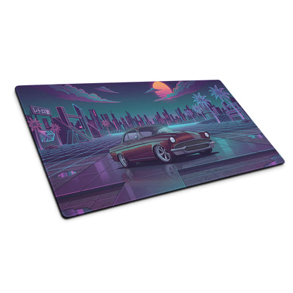 1955 Chevrolet Bel Air Inspired Burgundy Teal Vaporwave Gaming Mouse Pad, Classic American Car Desk Mat with Neon Retro Futuristic City Artwork