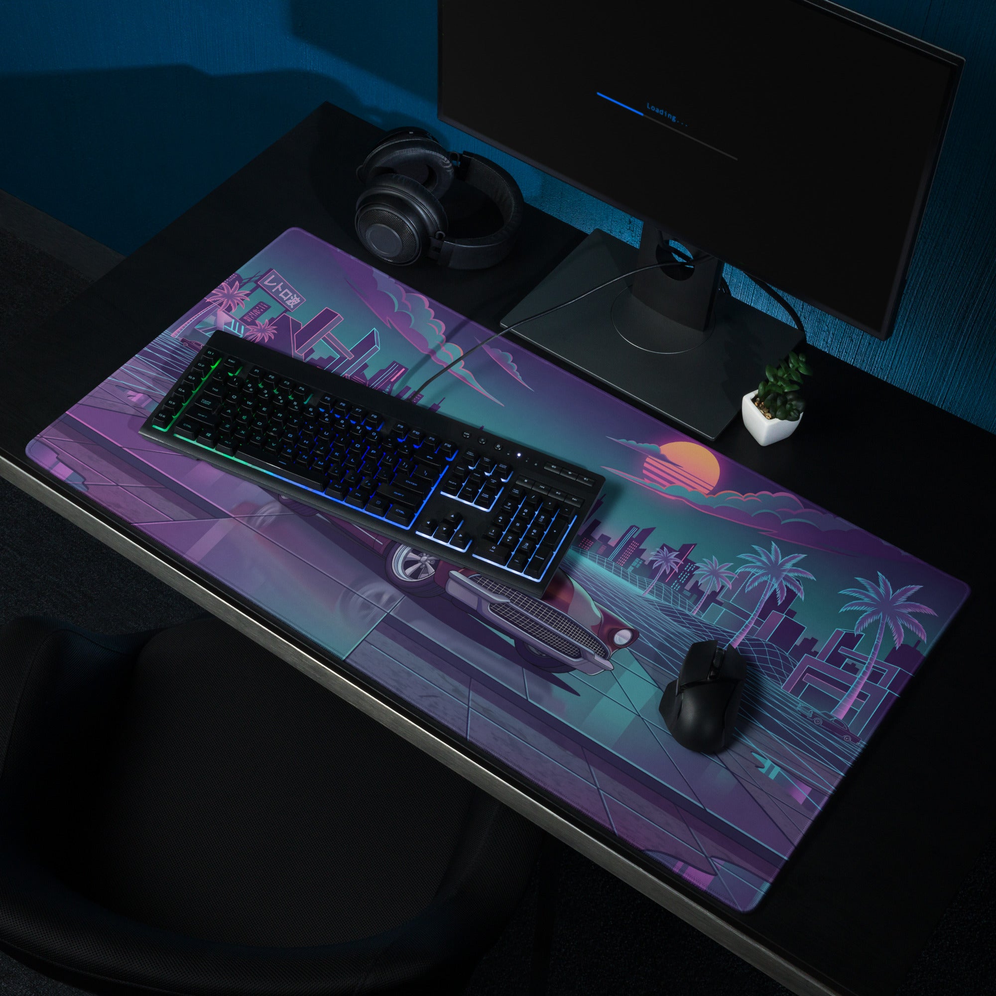 1955 Chevrolet Bel Air Inspired Burgundy Teal Vaporwave Gaming Mouse Pad, Classic American Car Desk Mat with Neon Retro Futuristic City Artwork