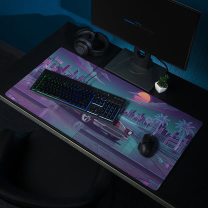 1955 Chevrolet Bel Air Inspired Burgundy Teal Vaporwave Gaming Mouse Pad, Classic American Car Desk Mat with Neon Retro Futuristic City Artwork