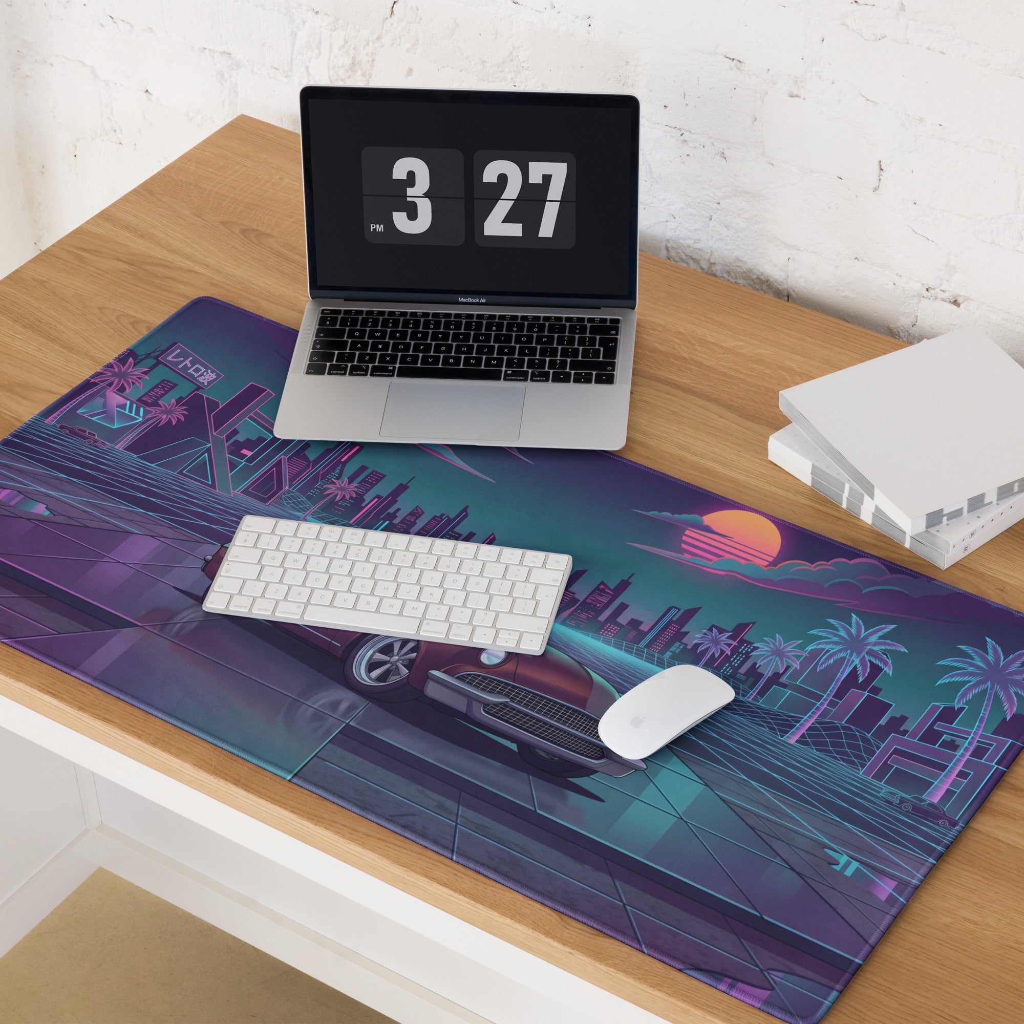 1955 Chevrolet Bel Air Inspired Burgundy Teal Vaporwave Gaming Mouse Pad, Classic American Car Desk Mat with Neon Retro Futuristic City Artwork