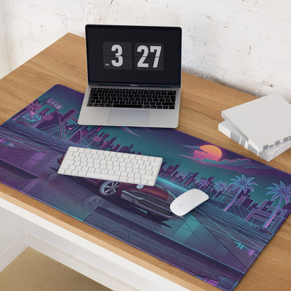 1955 Chevrolet Bel Air Inspired Burgundy Teal Vaporwave Gaming Mouse Pad, Classic American Car Desk Mat with Neon Retro Futuristic City Artwork