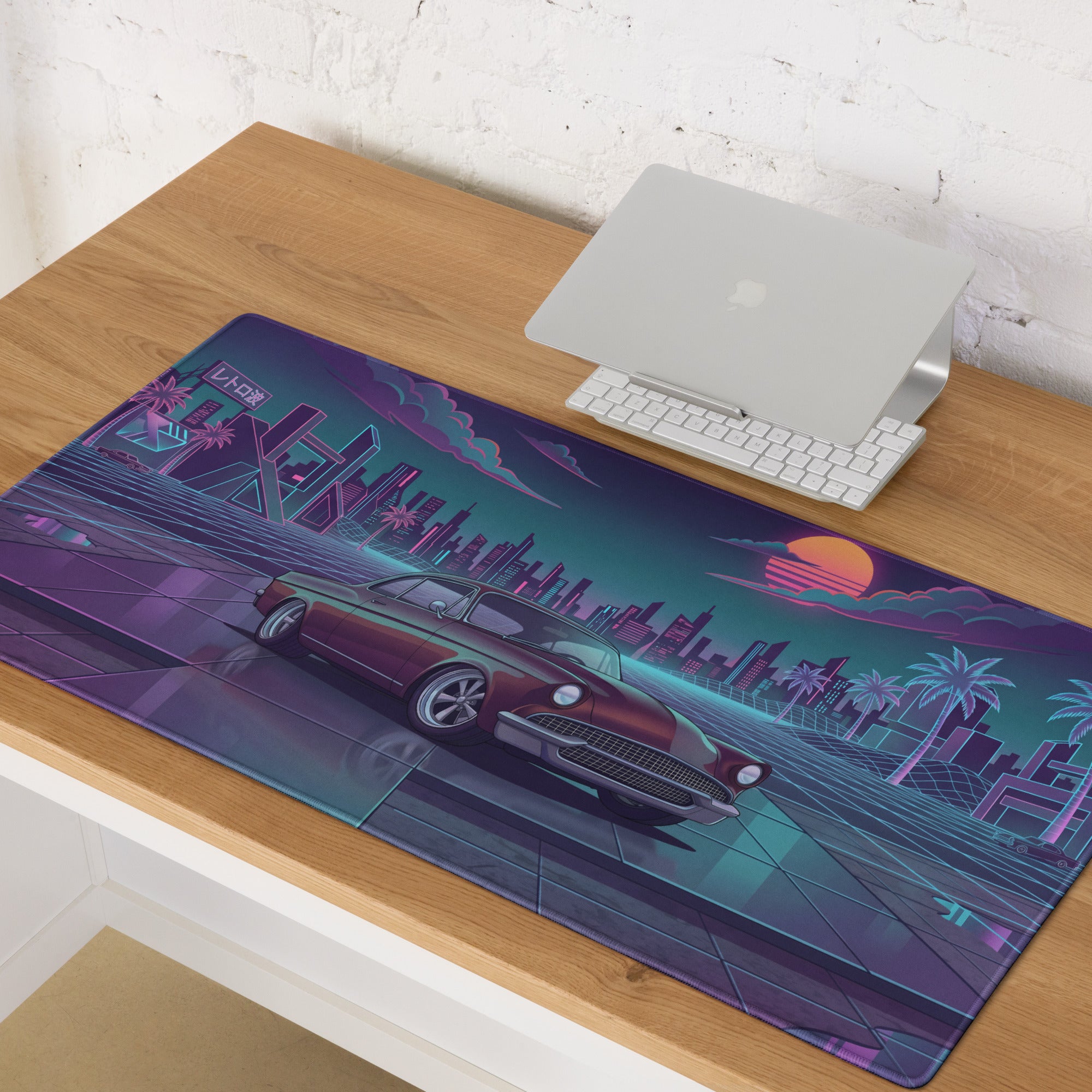 1955 Chevrolet Bel Air Inspired Burgundy Teal Vaporwave Gaming Mouse Pad, Classic American Car Desk Mat with Neon Retro Futuristic City Artwork