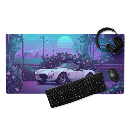 Shelby Cobra Inspired White Purple Vaporwave Gaming Mouse Pad, Classic Roadster Desk Mat with Neon Floral Forest and Retro Futuristic Artwork